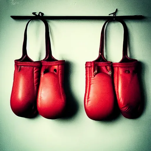 Image similar to “a pair of old red leather boxing gloves hanging on the wall in the corner of a dark gym, dimly lit”