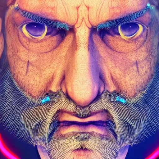 Prompt: hyperrealistic portrait cyberpunk man 4 0 old with large beard, red colored eyes, neon light, fantasy art, electronic face