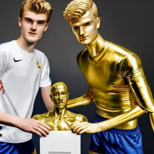 Prompt: a realistic detailed photo of a guy who is an attractive humanoid who is half robot and half humanoid, who is a male android, soccer players martin ødegaard & timo werner, shiny skin, posing like a statue, blank stare, in a lab, on display, showing off his muscles, gold soccer shorts, no jersey, statue, many copies of them