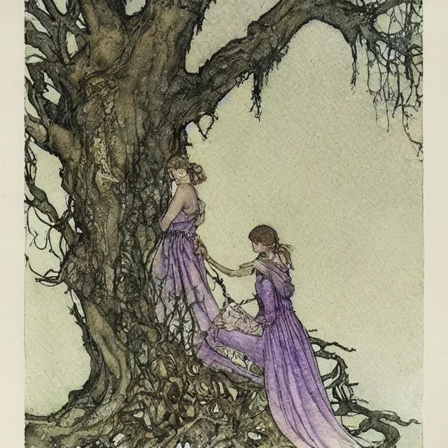 Prompt: a detailed, intricate watercolor and ink portrait illustration with fine lines, of a lovely, pretty, young alicia vikander in a dress reading under a gnarled tree, by arthur rackham and edmund dulac