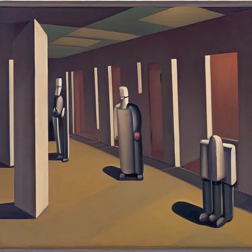 Image similar to robot bishop guards, endless cubicles, end times, grant wood, pj crook, edward hopper, oil on canvas