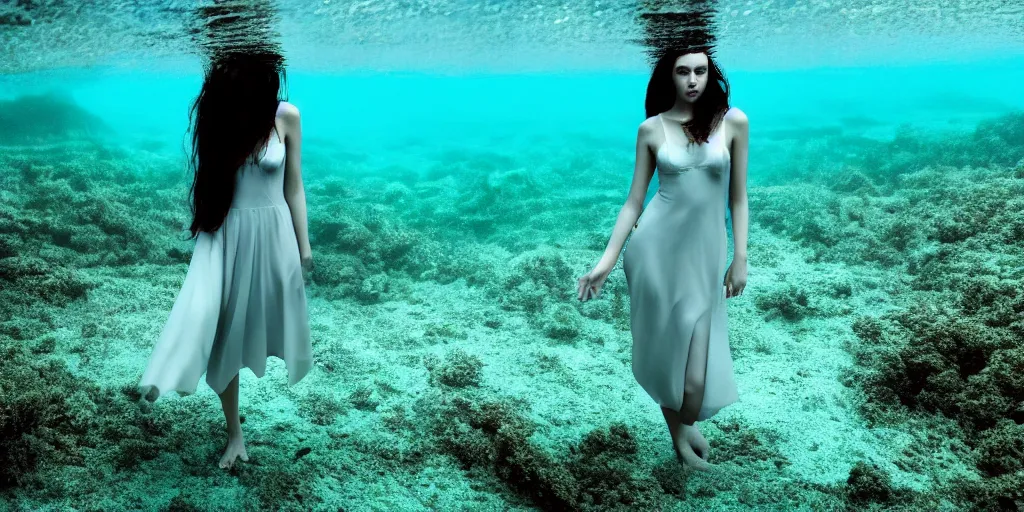 Image similar to deep underwater photography of beautiful model in flat dress by emmanuel lubezki