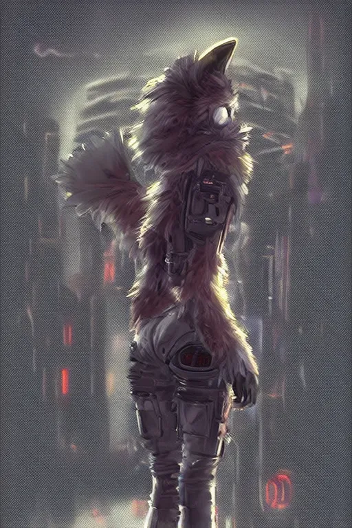 Prompt: an anthropomorphic cyberpunk fox with a fluffy tail, backlighting, trending on artstation, digital art, furry art, trending on furaffinity, fantasy art, by kawacy, view from behind