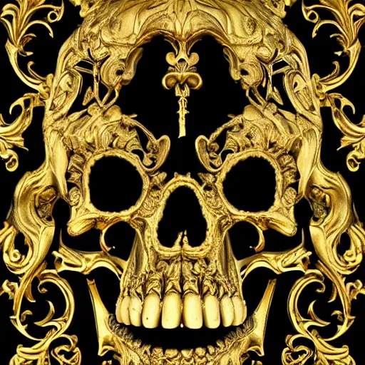 Image similar to 3d golden and black skull engraved with baroque ornaments. trending on artstation. octane render. dark art. gothic art. symmetrical artwork