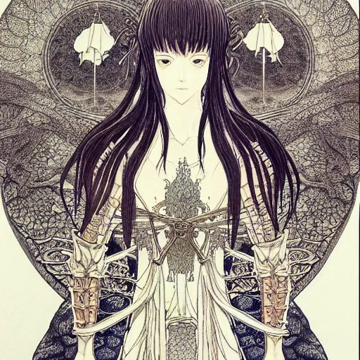 Image similar to prompt: Fragile looking vessel portrait soft light drawn by Takato Yamamoto, inspired by Fables, ancient dragon knight armor decoration, magical and alchemical objects on the side, soft light, white background, intricate detail, intricate oil painting detail, sharp high detail, manga and anime 2000