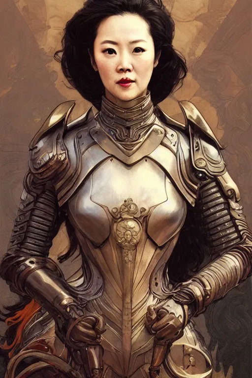 Prompt: head and shoulders portrait of zhang ziyi in armour, by eve ventrue, michael carson, andreas rochas, john watkiss, casey weldon, artgerm. art nouveau. tarot card by mucha. gloomhaven. swirly intricate linework background. gaudy colors, sharp edges. octane render