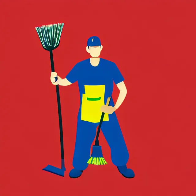 Prompt: janitor holding broom in goalie pose, vector logo, professional NFL sports style, flat colours, bright colours, SVG, professional, sharp edges