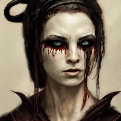 Prompt: masterpiece portrait of a surly and resentful female tiefling thief with horns wearing a black hooded cloak and a thief's leather garb, crimson skin pigmentation, black eyes, by Greg Rutkowski, as seen on ArtStation, 4k, dungeons and dragons, very aesthetic, very detailed, intricate, unreal, fantasy, dramatic, painterly, artstation, sharp focus, smooth