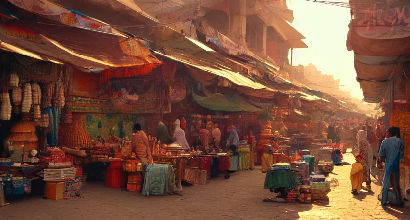 Prompt: bazaar in delhi. art by salman toor. global illumination, radiant light, detailed and intricate environment, atmospheric light, cinematic, trending on artstation