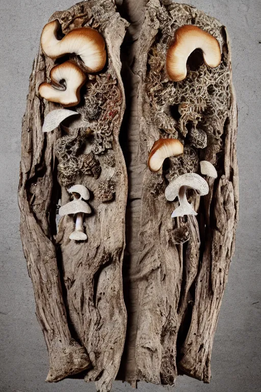 Image similar to A beautiful jacket carved out of dead wood with lichen and mushrooms, on a skeleton. High quality, high resolution, studio lighting