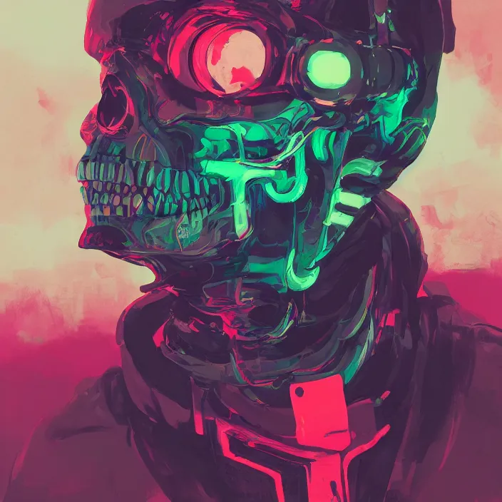 Image similar to a colorful comic noir illustration painting of a cyberpunk skull by sachin teng and sergey kolesov and sam yang and heng z. hyper detailed. octane render. trending on artstation