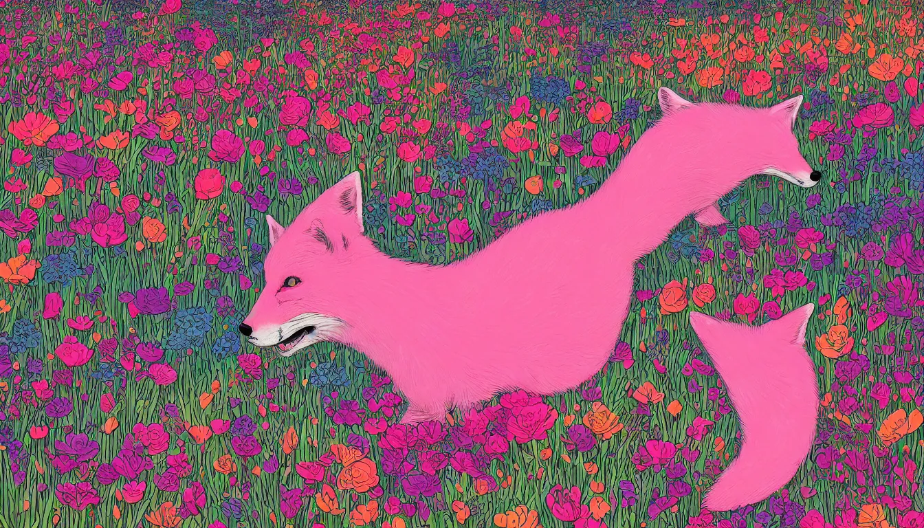 Image similar to pink fox head popping out of a field of multi colored flowers by kilian eng, victo ngai, josan gonzalez