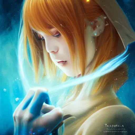 Prompt: rimuru tempest playing chess, with amber eyes of golden colored eyes, straight hair, sky blue hair, long bangs, high collar, concept art, award winning photography, digital painting, splash art, elegant, intricate, cinematic, wlop, 8 k, by ross tran, tom bagshaw, andy warhol