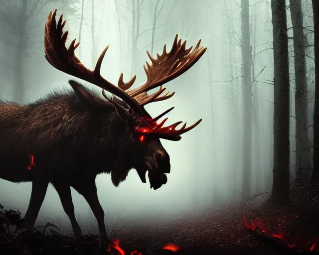 Image similar to 5 5 mm close up portrait photo of an armored demonic fire breathing moose with red eyes and antlers and looking at the camera, in a magical forest. dark atmosphere. art by greg rutkowski and luis royo. highly detailed 8 k. intricate. lifelike. soft light. nikon d 8 5 0.