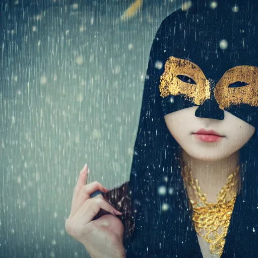 Prompt: japanese female black balaclava mask with golden necklace and open kimono, art noveau, fresco by michaelangelo, photo portrait, beautiful female model, tokyosky, female sitting on skyscreapper, rain, city neon light, bokeh, long exposure, kodak promax 4 0 0, sony lens, golden fractals and dmt