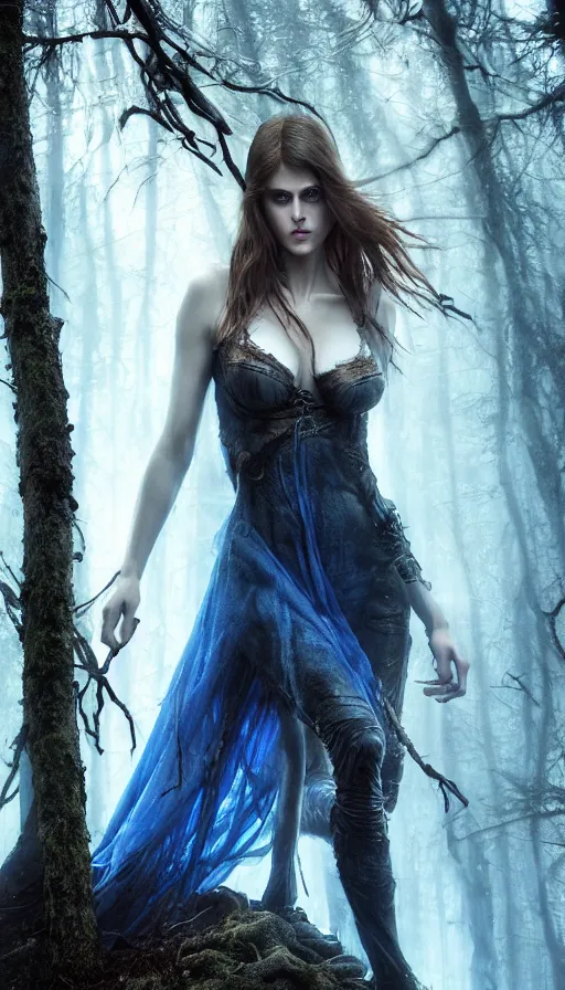 Image similar to photo of a gorgeous nordic female, covered in blue blood, in a dark forest, alexandra daddario face!, realistic, sharp focus, 8 k high definition, insanely detailed, intricate, elegant, art by stanley lau and artgerm, luis royo, greg kutkowski