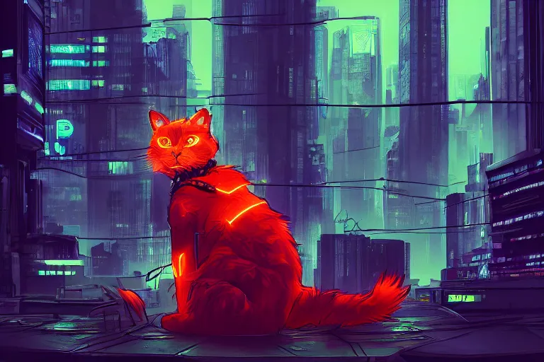 Image similar to cyberpunk ginger cat in the city, neon backlighting, digital art, trending on artstation, fanart, by kawacy