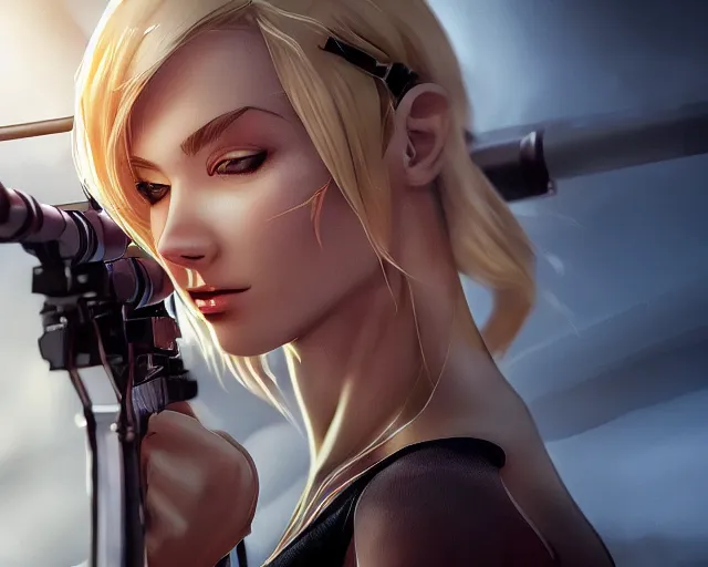 Image similar to closeup of beautiful blonde female sniper aiming at target, award winning sniper photography, extremely detailed, artstation, 8 k, sensual lighting, incredible art, wlop, artgerm, backlit, rim lighting, hi - fructose