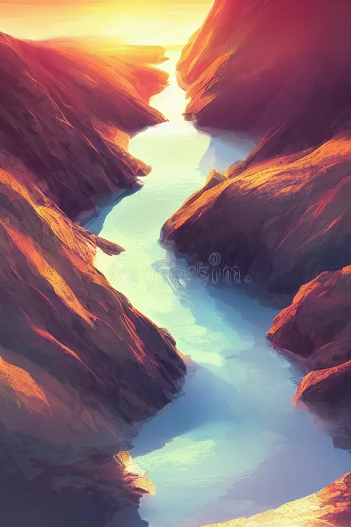 Image similar to sunrise mountain water vector illustration digital art by charlie bowater trending on artstation