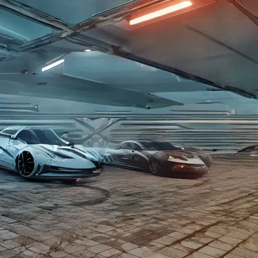 Prompt: parking several cars: center composition, cars portraits, ground view, motherboard forms designed by zaha hadid, sci-fi futuristic ultra realistic photography, keyshot render, octane render, unreal engine 5 lumen, high oiled liquid glossy specularity reflections, ultra detailed, golden hour, dramatic lighting 4k, 8k, 16k in the style ofblade runner 2049 Cyberpunk 2077 ghost in the shell thor 2 marvel film : tilt shift: sharp focus