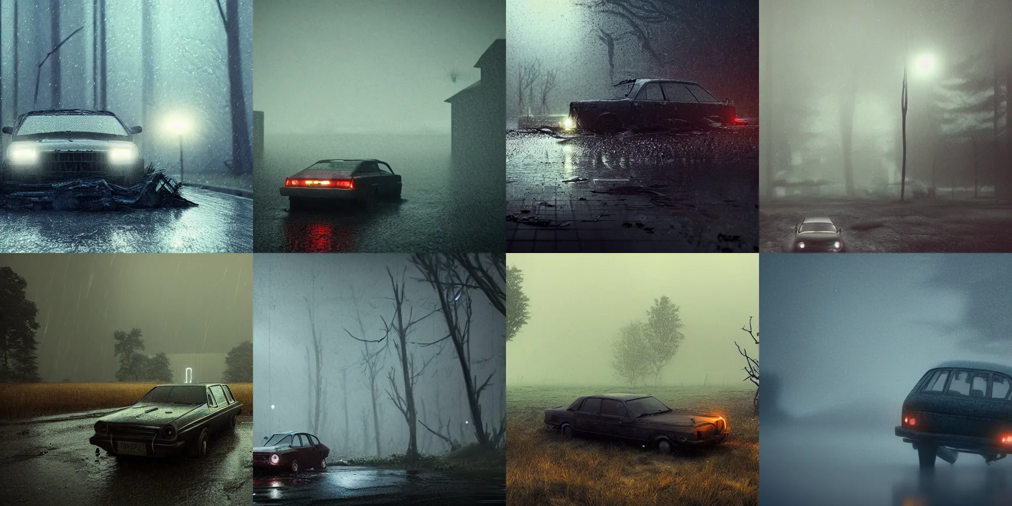 Prompt: beautiful dark creepy rainy wet landscape, old abandoned car sinking, in the style of beeple and Mike Winkelmann, intricate, epic lighting, cinematic composition, hyper realistic, 8k resolution, unreal engine 5,