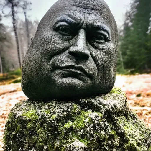 Image similar to a grey mossy rock with the face of dwayne johnson, shot on iphone 1