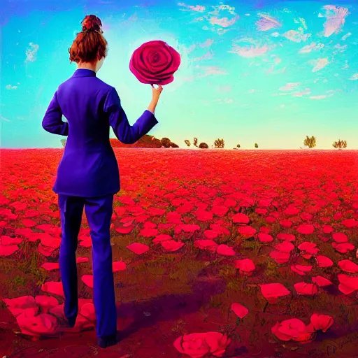 Image similar to portrait, giant rose flower head, girl dancing in a suit, surreal photography, sunrise, blue sky, dramatic light, impressionist painting, digital painting, artstation, simon stalenhag