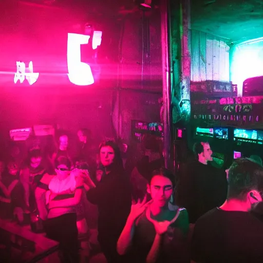 Image similar to underground club, secret, cyberpunk dance music, lights, ambiance