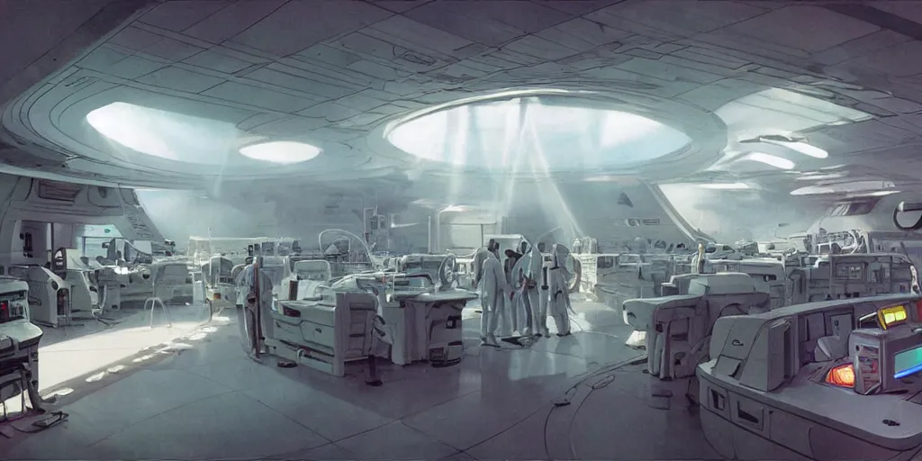 Prompt: circular spaceship medic room laboratory , humans working, thick mist, low ceiling, cables hanging from ceiling, thick cables on ground, god rays of light, huge computer screens, neons, saturated top light , epic scene, scifi, illustration, art by Juan Giménez and moebius