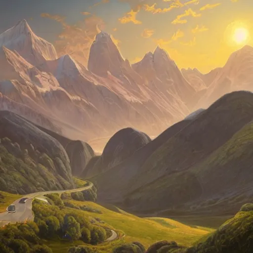 Image similar to Beautiful hyperrealistic detailed matte painting of a Landscape of the road with a view of the Swiss Alps with Lost Vibes in the foreground and distant mountains in the background, during hot summer, in the morning, a delicate mist, by andreas rocha and john howe, and Martin Johnson Heade, featured on artstation, featured on behance, golden ratio, ultrawide angle, f32, well composed, cohesive