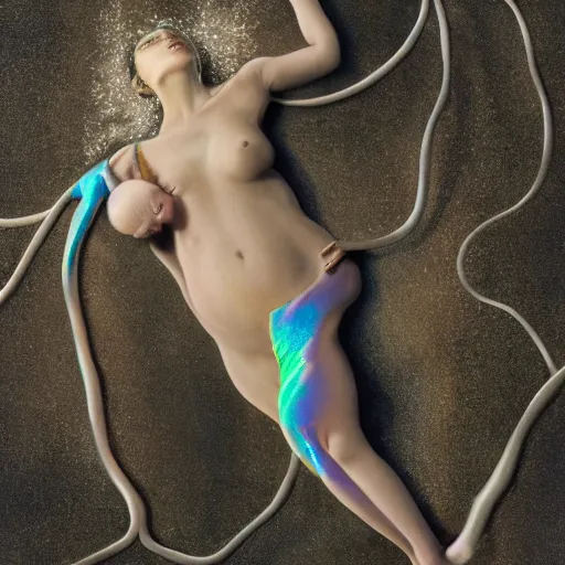 Prompt: overhead view of iridiscent oil slick with a woman's corpse connected by an umbilical cord to a baby buried under oil slick, faded, depth of field,, ultra realistic, very detailed, by hans bellmer and nadav kander, 8 k hyper realistic detailed cinematic