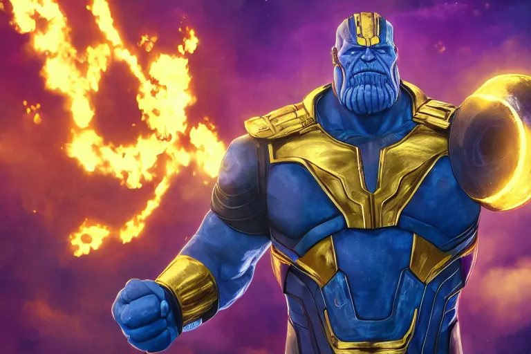 Prompt: Thanos wearing blue and gold armor grimacing while raising his clenched fist in the air, trending on Artstation, highly detailed, HD wallpaper, 4k, photorealistic, digital art