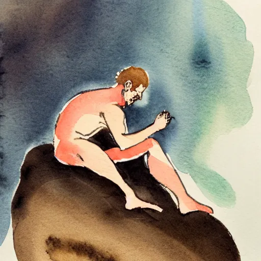 Prompt: rainy watercolor of sisyphus sitting on his boulder
