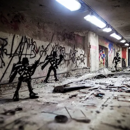 Prompt: toy soldiers fighting in an abandoned graffiti subway