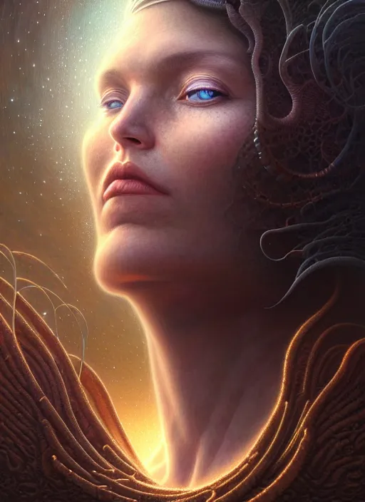 Image similar to closeup portrait shot of a cosmic meditation in a scenic dystopian environment, intricate, elegant, highly detailed, centered, digital painting, artstation, concept art, smooth, sharp focus, illustration, artgerm, tomasz alen kopera, peter mohrbacher, donato giancola, joseph christian leyendecker, wlop, boris vallejo