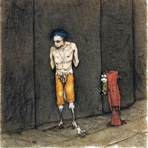 Image similar to dilapidated man begging with ragged mutt on streetcorner. illustration by Brian Froud and John Bauer