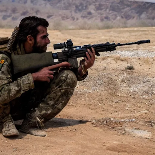 Image similar to kurdish ypg sniper in a movie directed by christopher nolan, movie still frame, promotional image, imax 7 0 mm footage, 8 k uhd