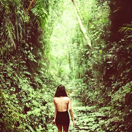 Image similar to beautiful female model, symmetric photo, back view, walking into a cenote in a lush jungle, vintage photograph, long wavy brunette hair, faded, artistic composition, award winning artistic photograph