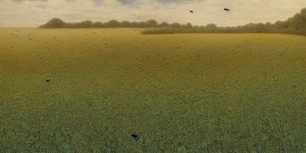 Image similar to Artwork by John Howe of the cinematic view of an insect-covered field of crops