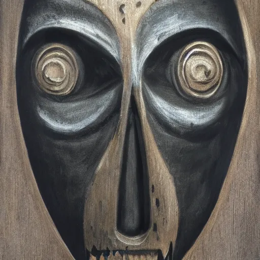 Prompt: dark monochrome oil painting of an old creepy mask made of wood