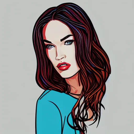 Prompt: megan fox colorful portrait by mallory heyer, graphic design, flat color and line, sketch, minimalistic, procreate, digital illustration, vector illustration, doodle, pop, graphic, street art, editorial
