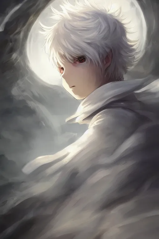 Prompt: anime young boy with short wavy white hair wearing white clothes with short cape surrounded by light orbs, moody, wlop, concept art, digital painting, trending on artstation, highly detailed, epic composition, 8 k uhd