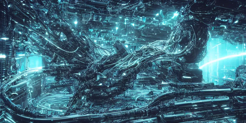 Image similar to a sentient cybernetic basilisk connected to multiple fiber optic data cables, sci-fi, extremely detailed, 8k UHD