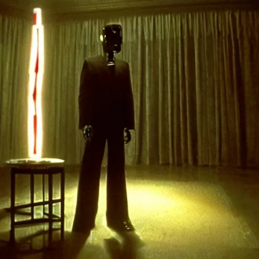 Image similar to movie scene of a man with a robot head, movie still, cinematic composition, cinematic lightning, Movie by David Lynch and Andrzej Żuławski