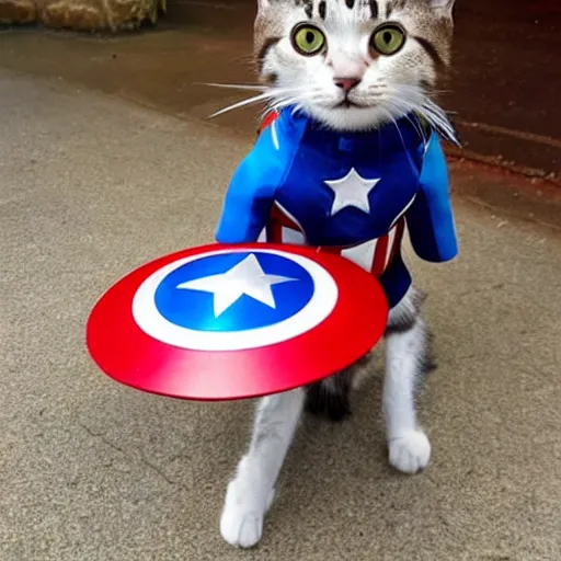 Prompt: a cat dressed as Captain America