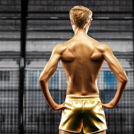 Image similar to a realistic detailed photo of a guy who is an attractive humanoid who is half robot and half humanoid, who is a male android, soccer players martin ødegaard, shiny skin, posing like a statue, blank stare, in a factory, on display, showing off his muscles, gold soccer shorts, back view