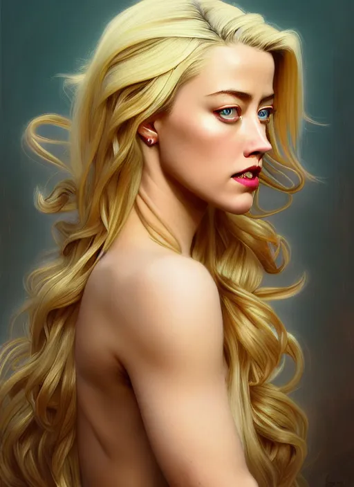 Image similar to portrait of amber heard as an blonde angel, wings, bible, intricate, headshot, highly detailed, digital painting, artstation, concept art, sharp focus, cinematic lighting, illustration, art by artgerm and greg rutkowski, alphonse mucha, cgsociety