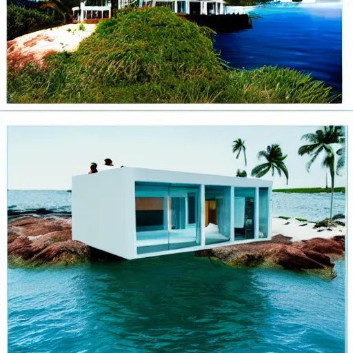 Prompt: a house half submerged in the ocean.