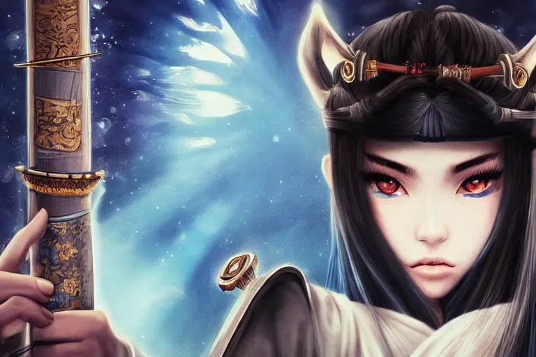 Image similar to highly detailed beautiful photo of madison beer as a young female samurai, practising her sword staces, symmetrical face, beautiful eyes, cobalt blue hair, realistic anime art style, 8 k, award winning photo, pastels colours, action photography, 1 / 1 2 5 shutter speed, sunrise lighting