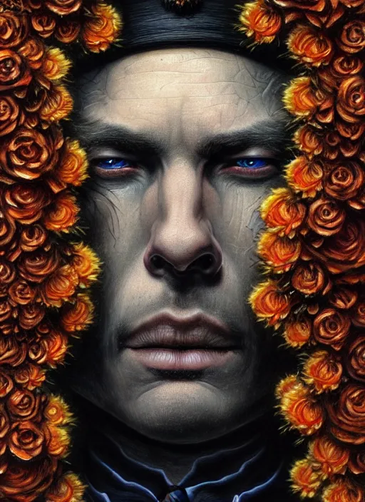 Image similar to an man in a black suit with a head made of flowers, intricate, highly detailed, concept art, hyperrealistic, oil painting by greg staples, 8 k